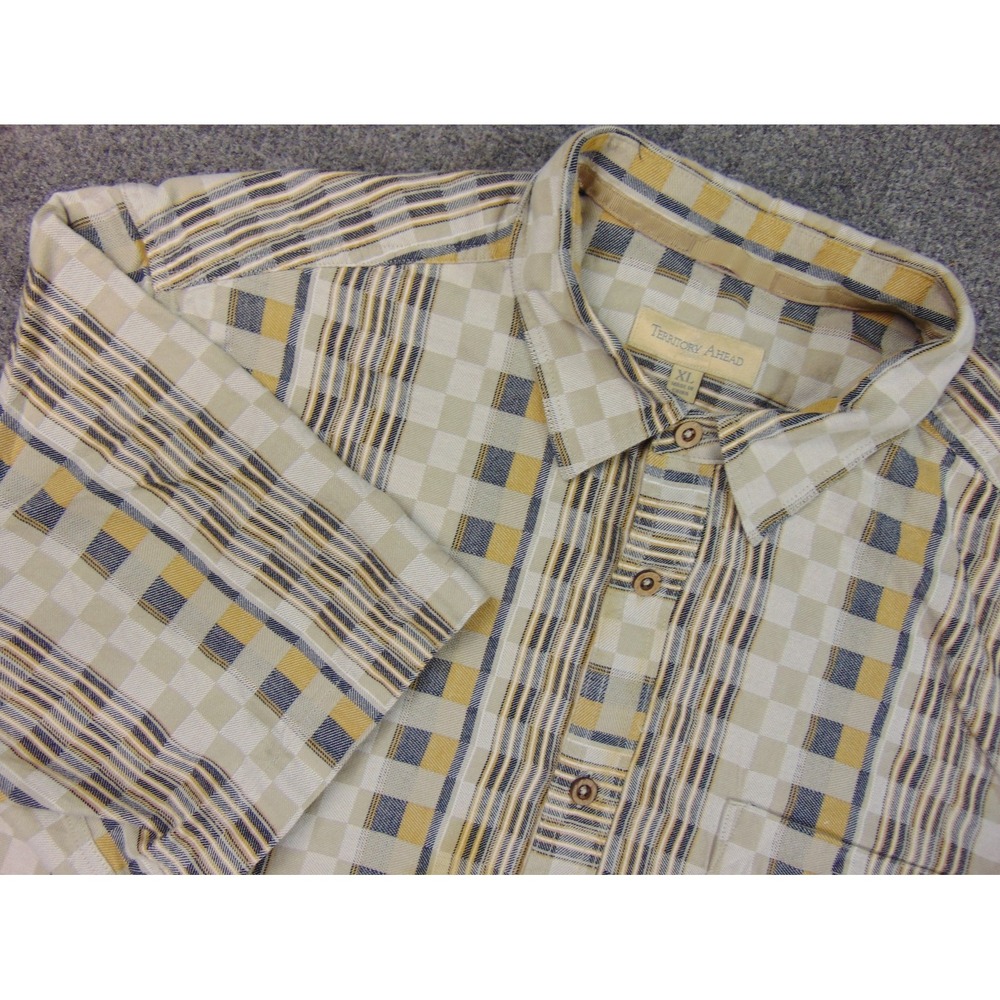 Territory Ahead Shirt Mens XL Short Sleeve Tan Plaid Boho Coastal Casual